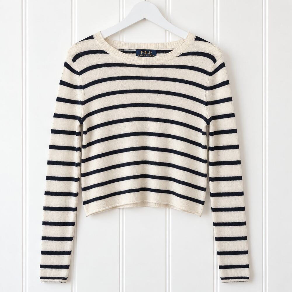 TRUTH NYC Sweater M Ivory Black Striped Cropped Crew Neck Long Sleeve Knit